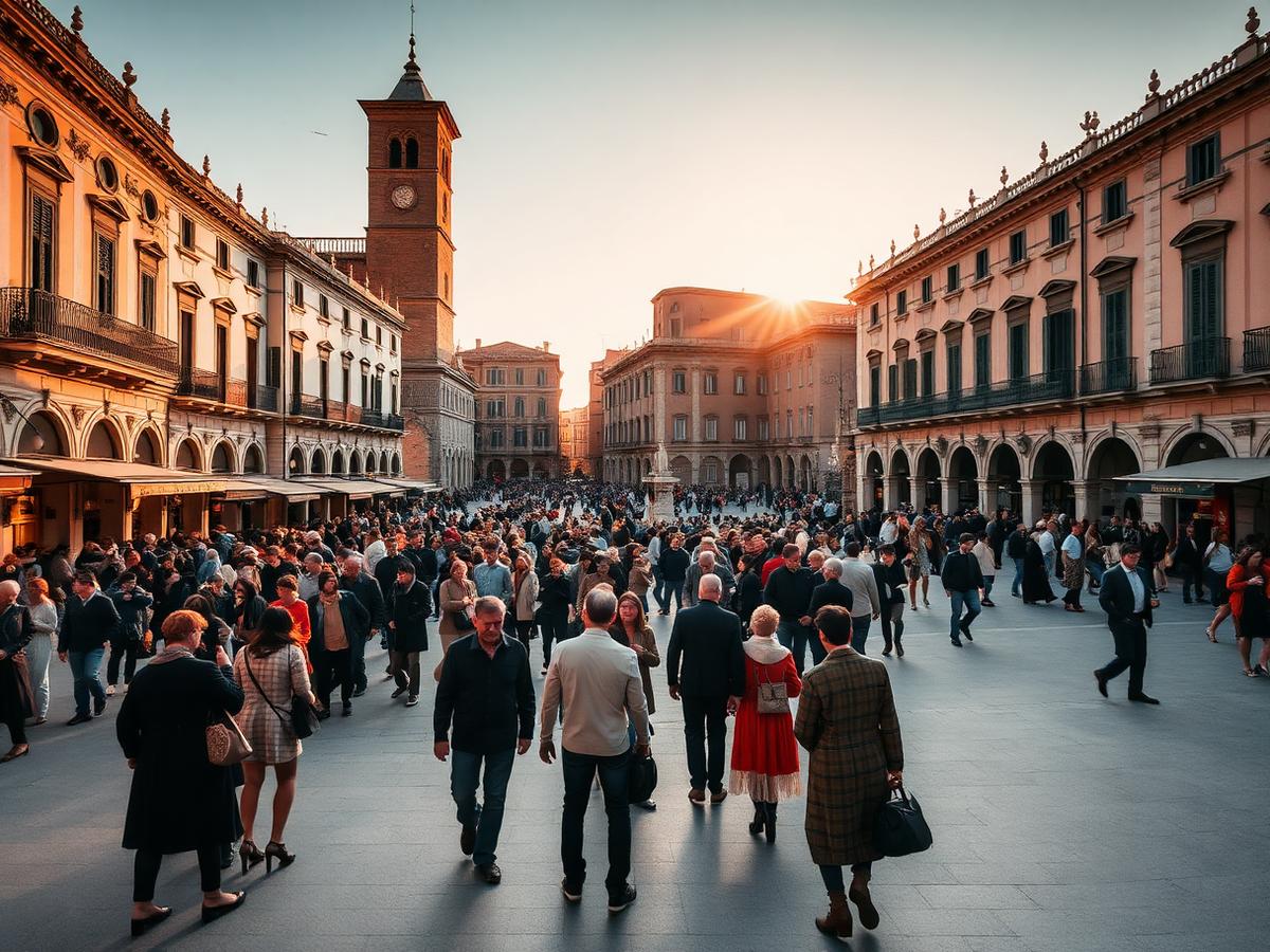 Piazza italiana al tramonto durante un evento culturale
